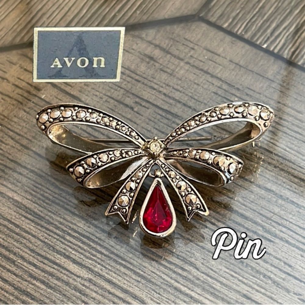 Vintage Avon Birthstone Bow Pin / Brooch - July (Red) 1994